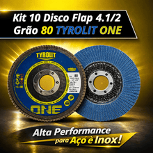 Carregar imagem no visualizador da galeria, Kit 10 Disco Flap 4.1/2 Grão 80 Tyrolit One Oxido Aluminio