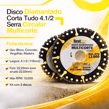 Carregar imagem no visualizador da galeria, Disco Diamantado Corta Tudo 4.1/2 Serra Circular Multicorte Kit 3 Unidades Bestfer