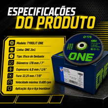 Carregar imagem no visualizador da galeria, Kit 2 Discos Desbaste Tyrolit One 7" 178x6x22,23mm Aço Inox Profissional Esmerilhadeira Abrasivo para Metal 7 Polegadas