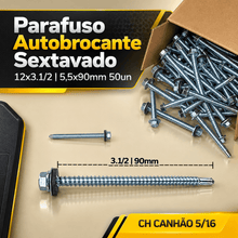 Carregar imagem no visualizador da galeria, Parafuso Autoperfurante 12x3.1/2 para Telhado 5,5x90mm Autobrocante Rosca Dupla com Vedação Caixa 50 Unidades