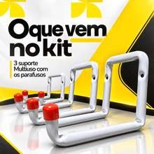Carregar imagem no visualizador da galeria, Kit 3 Suportes Multiuso 30kg de Parede Organizador para Escada Mangueira Cadeira de Praia com Parafusos