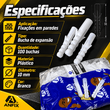 Carregar imagem no visualizador da galeria, Bucha de Plástico 10mm 100 Unidades Anfix para Fixação em Paredes Suportes Prateleiras Armários e Objetos de Parede Casa