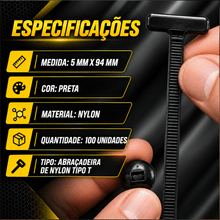 Carregar imagem no visualizador da galeria, Abraçadeira de Nylon Tipo T Preta 5x94mm Kit 100 Unidades Presilha de Fixação para Forro Automotivo Painel