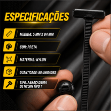 Carregar imagem no visualizador da galeria, Abraçadeira de Nylon Tipo T Preta 5x94mm Kit 50 Unidades Presilha de Fixação para Forro Automotivo Painel