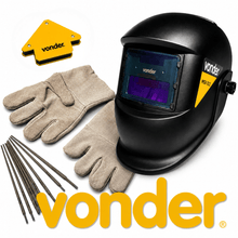 Carregar imagem no visualizador da galeria, Kit Solda Máscara Automática Autoescurecimento + Luva Raspa + 1 Esquadro Magnético + 10 Eletrodos