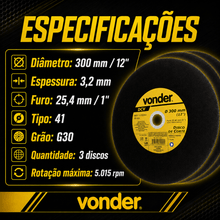 Carregar imagem no visualizador da galeria, Disco de Corte Vonder DCV 300mm 12" 2,8mm Furo 25,4mm Policorte Kit 3 Unidades Aço Metal Inox Profissional