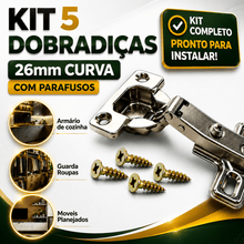 Carregar imagem no visualizador da galeria, Kit 5 Dobradiças Curva 26mm Para Móveis Armário Guarda-Roupa MDF + 20 Parafusos Fixação Montagem Portas de Madeira