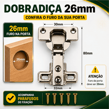 Carregar imagem no visualizador da galeria, Kit 5 Dobradiças Curva 26mm Para Móveis Armário Guarda-Roupa MDF + 20 Parafusos Fixação Montagem Portas de Madeira