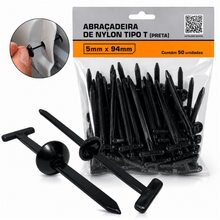 Carregar imagem no visualizador da galeria, Abraçadeira de Nylon Tipo T Preta 5x94mm Kit 50 Unidades Presilha de Fixação para Forro Automotivo Painel