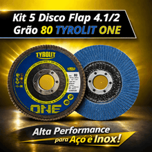 Carregar imagem no visualizador da galeria, Kit 5 Discos Flap 4.1/2 Grão 80 Tyrolit One 115mm Óxido de Alumínio para Desbaste e Acabamento em Metal e Aço Inox Profi