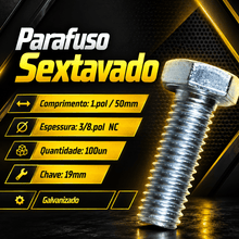 Carregar imagem no visualizador da galeria, Parafuso Sextavado 3/8 x 1 Pol 50mm Galvanizado 100un Chave 19mm Rosca NC Fixação Metálica Profissional Alta Resistência
