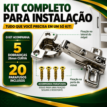 Carregar imagem no visualizador da galeria, Kit 5 Dobradiças Curva 26mm Para Móveis Armário Guarda-Roupa MDF + 20 Parafusos Fixação Montagem Portas de Madeira

