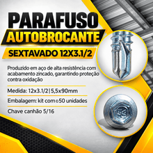 Carregar imagem no visualizador da galeria, Parafuso Autoperfurante 12x3.1/2 para Telhado 5,5x90mm Autobrocante Rosca Dupla com Vedação Caixa 50 Unidades
