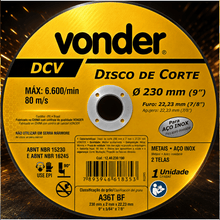 Carregar imagem no visualizador da galeria, Disco de Corte 230mm 9" Vonder DCV para Metal e Aço Inox Kit 10 Unidades Esmerilhadeira Profissional 2mm
