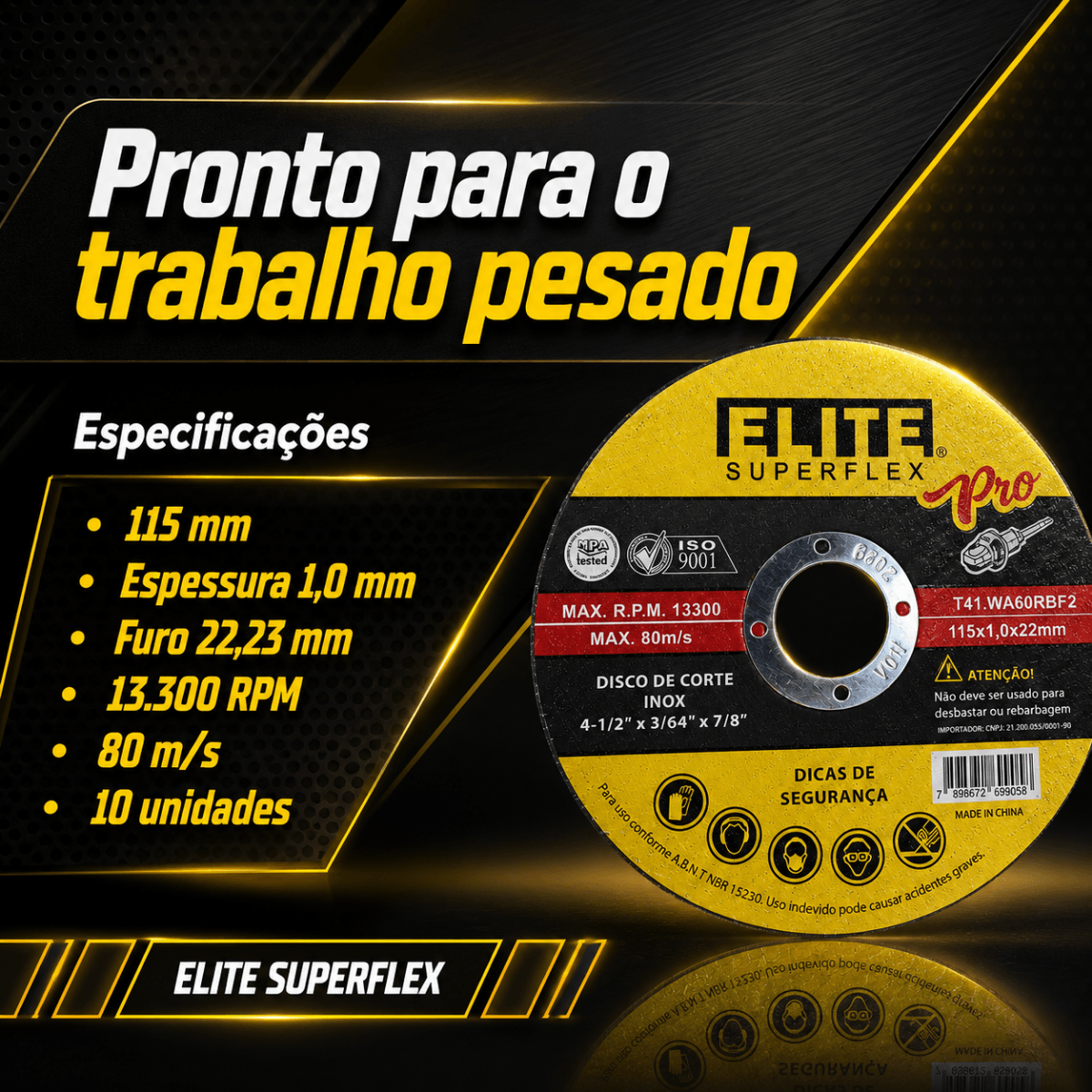 Kit 10 Discos de Corte Elite Superflex Pro 115mm para Inox e Aço