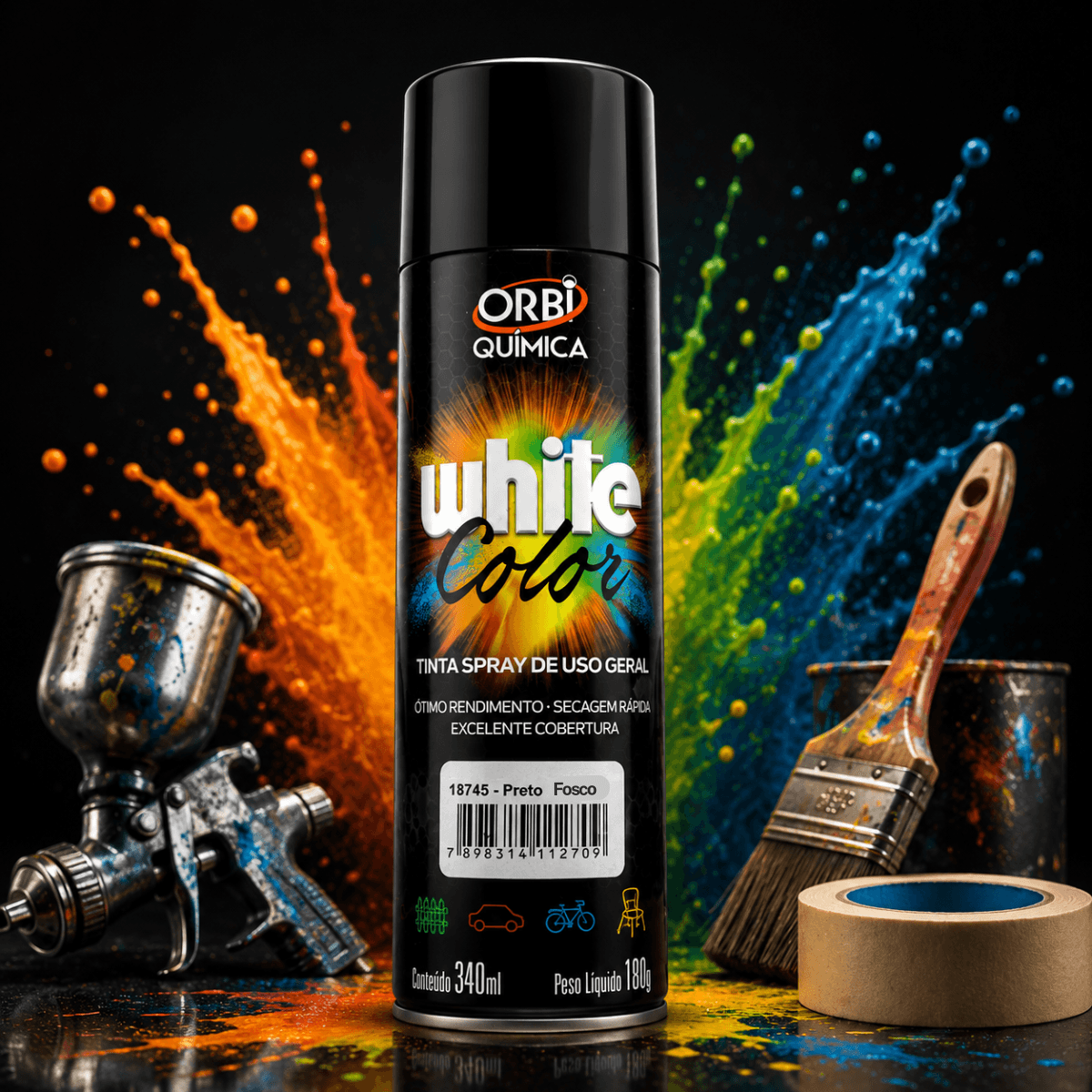 Tinta Spray Preto Fosco Orbi Química Uso Geral 340ml