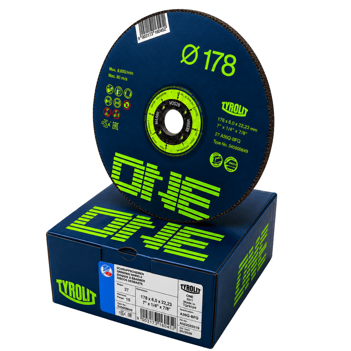 Kit 2 Discos Desbaste Tyrolit One 7" 178x6x22,23mm Aço Inox Profissional Esmerilhadeira Abrasivo para Metal 7 Polegadas