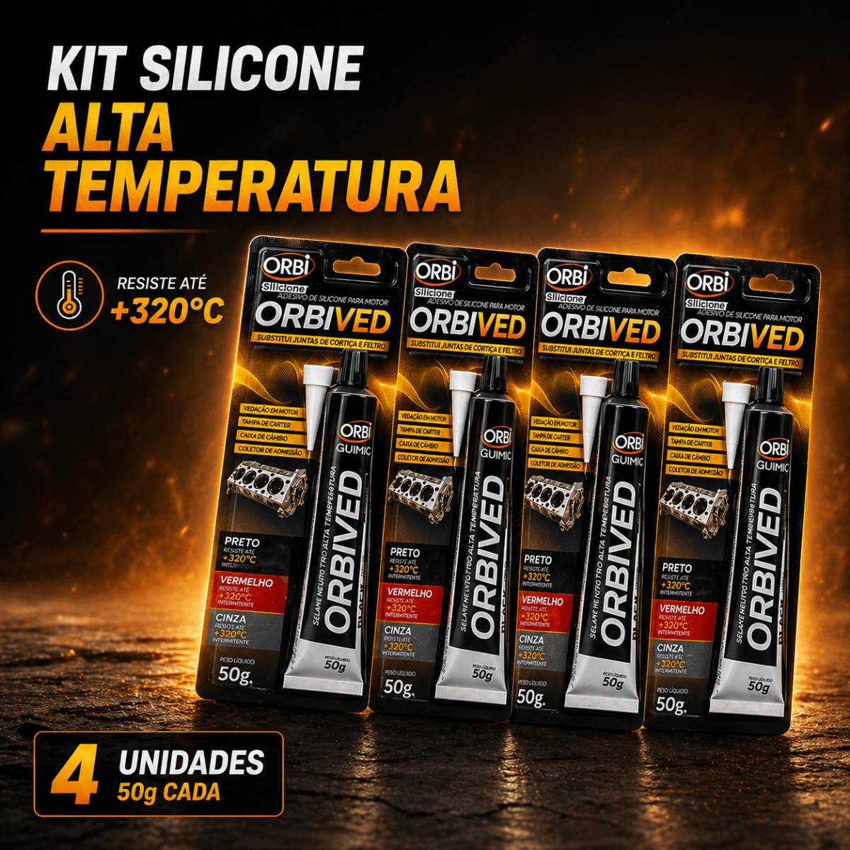 Kit 4 Silicone Preto Alta Temperatura Orbived 50g Motor Junta