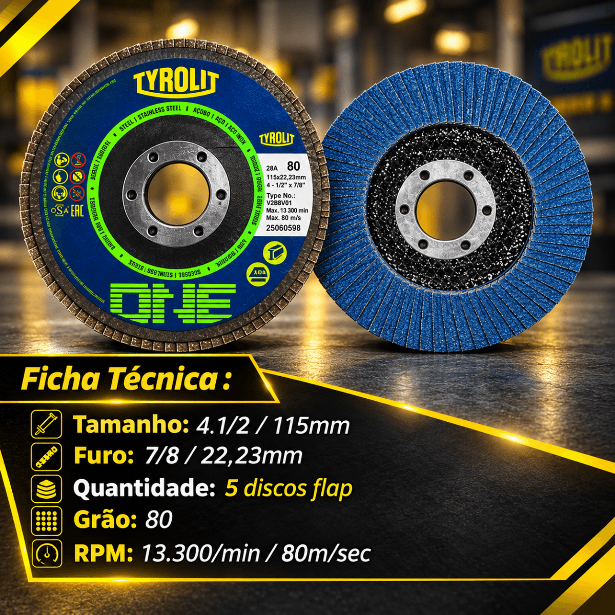 Kit 5 Discos Flap 4.1/2 Grão 80 Tyrolit One 115mm Óxido de Alumínio para Desbaste e Acabamento em Metal e Aço Inox Profi