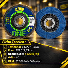 Carregar imagem no visualizador da galeria, Kit 5 Discos Flap 4.1/2 Grão 80 Tyrolit One 115mm Óxido de Alumínio para Desbaste e Acabamento em Metal e Aço Inox Profi
