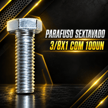 Carregar imagem no visualizador da galeria, Parafuso Sextavado 3/8 x 1 Pol 50mm Galvanizado 100un Chave 19mm Rosca NC Fixação Metálica Profissional Alta Resistência
