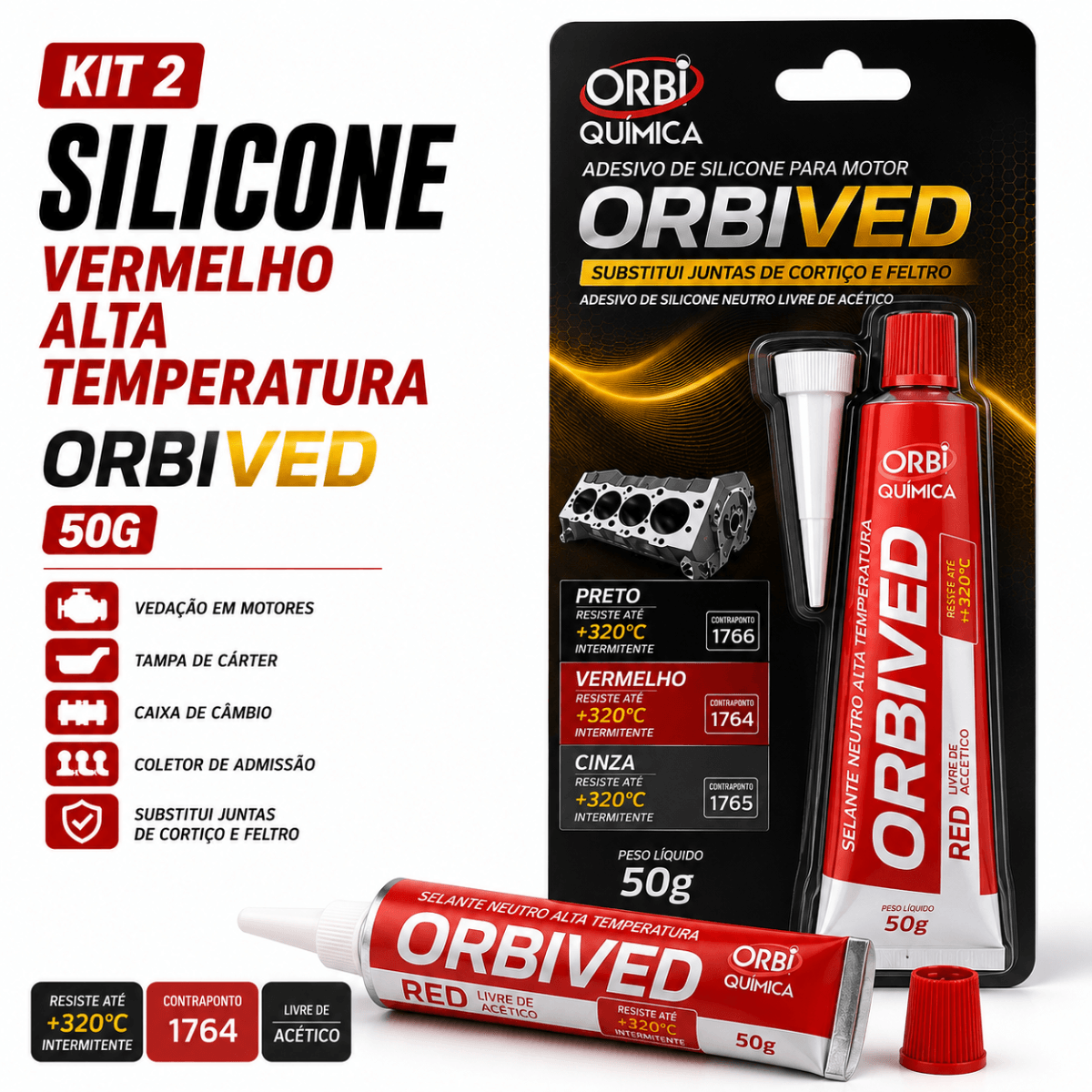 Kit 2 Silicone Vermelho Alta Temperatura Orbived 50g Motor