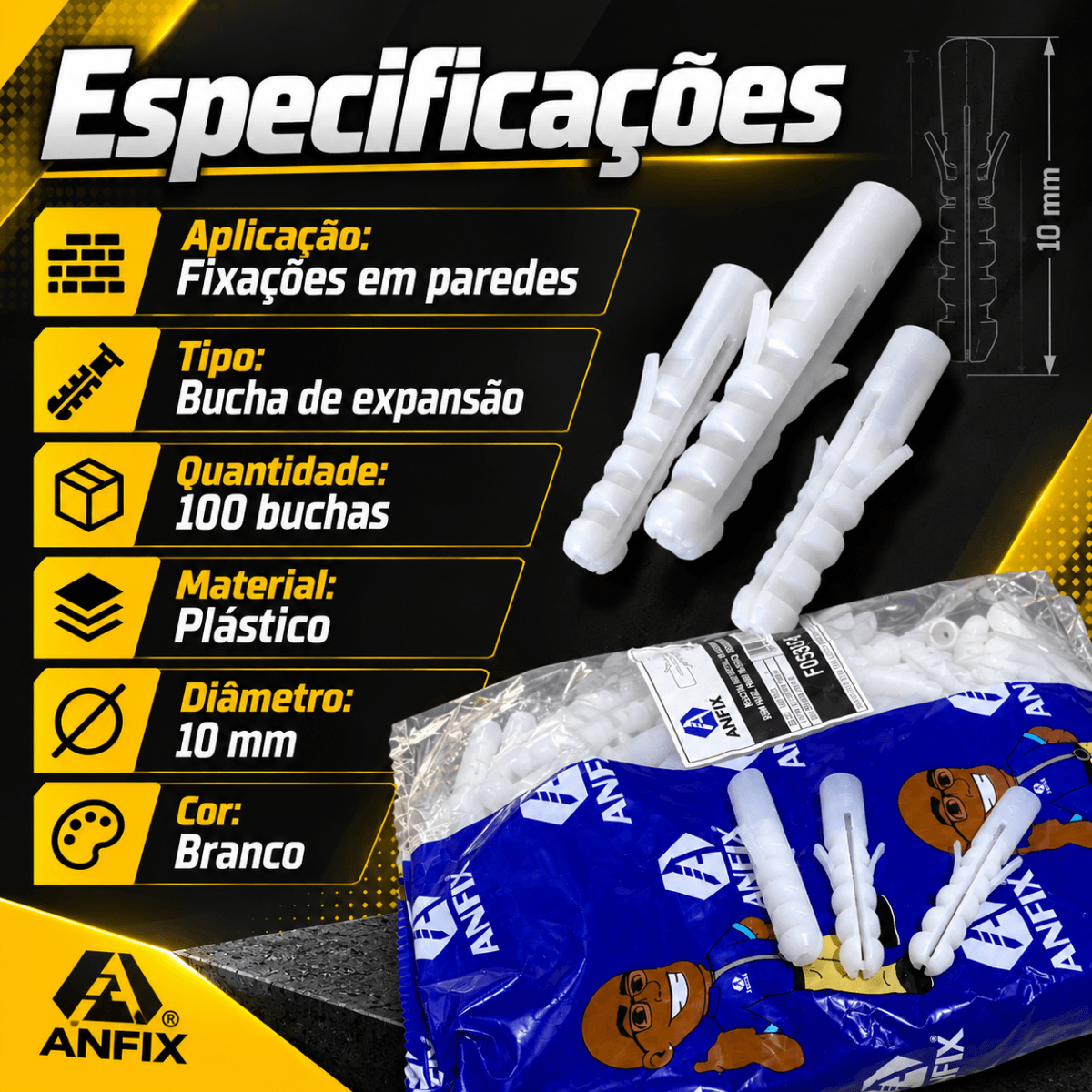 Bucha de Plástico 10mm 100 Unidades Anfix para Fixação em Paredes Suportes Prateleiras Armários e Objetos de Parede Casa