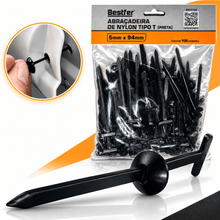 Carregar imagem no visualizador da galeria, Abraçadeira de Nylon Tipo T Preta 5x94mm Kit 100 Unidades Presilha de Fixação para Forro Automotivo Painel
