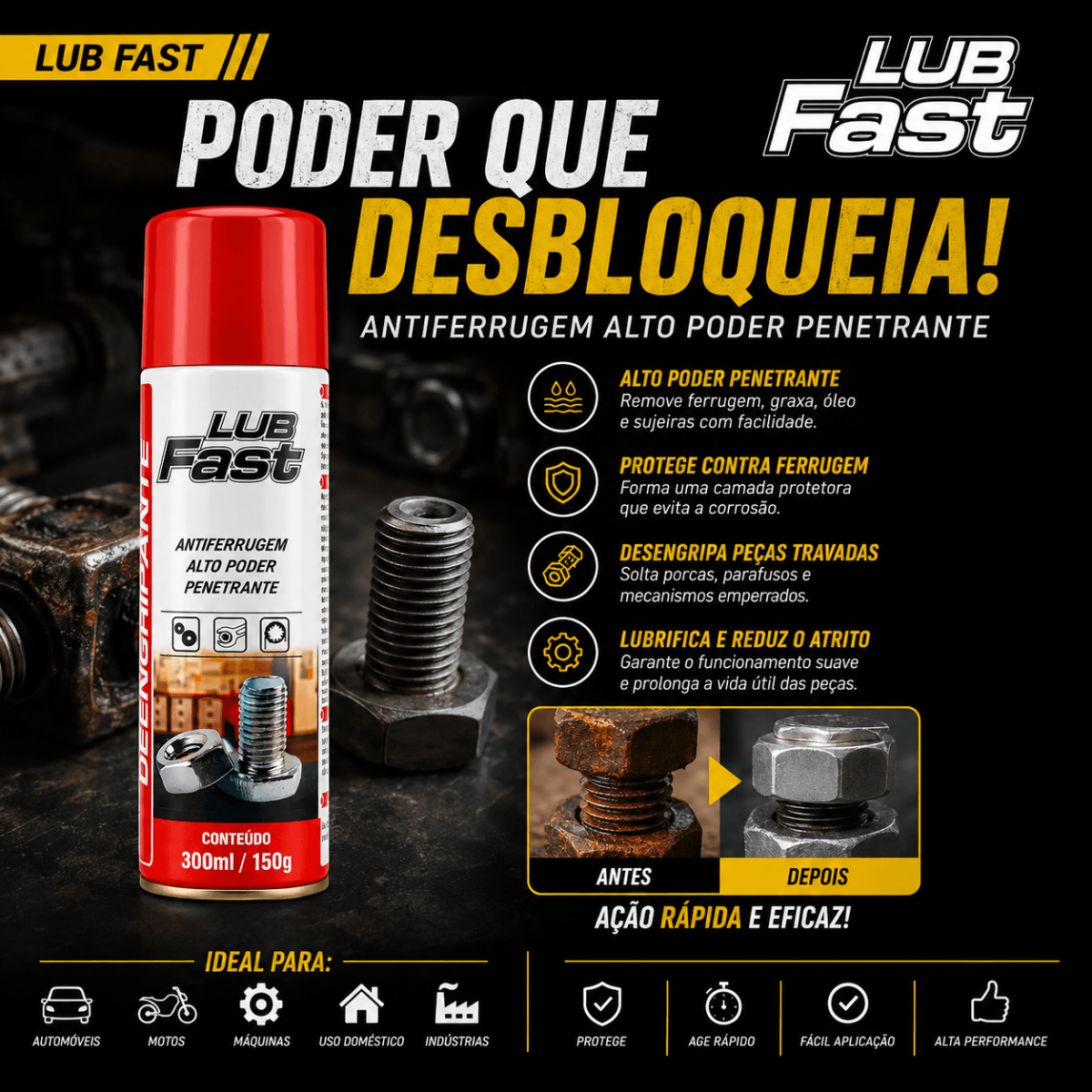Desengripante Spray Antiferrugem Lub Fast 300ml Multiuso