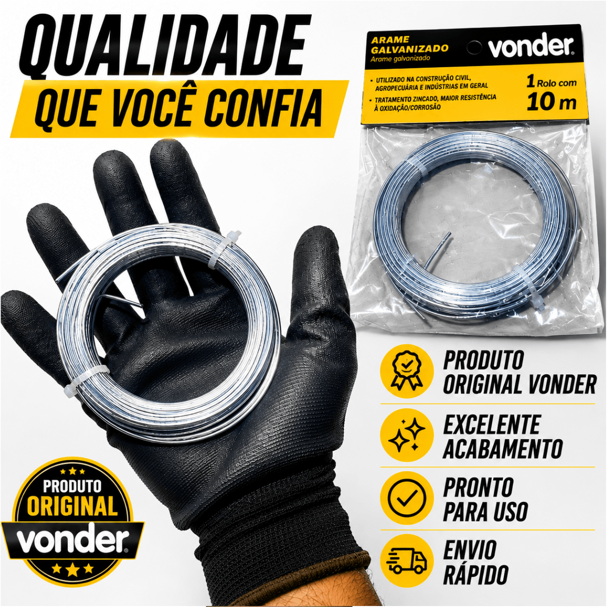 Arame Galvanizado BWG 16 10 Metros Vonder 1,65mm Resistente para Amarrações, Jardinagem e Reparos