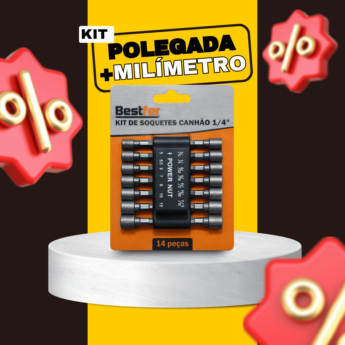 Kit Soquete Canhão 1/4 Magnético 14 Peças Aço mm e Pol