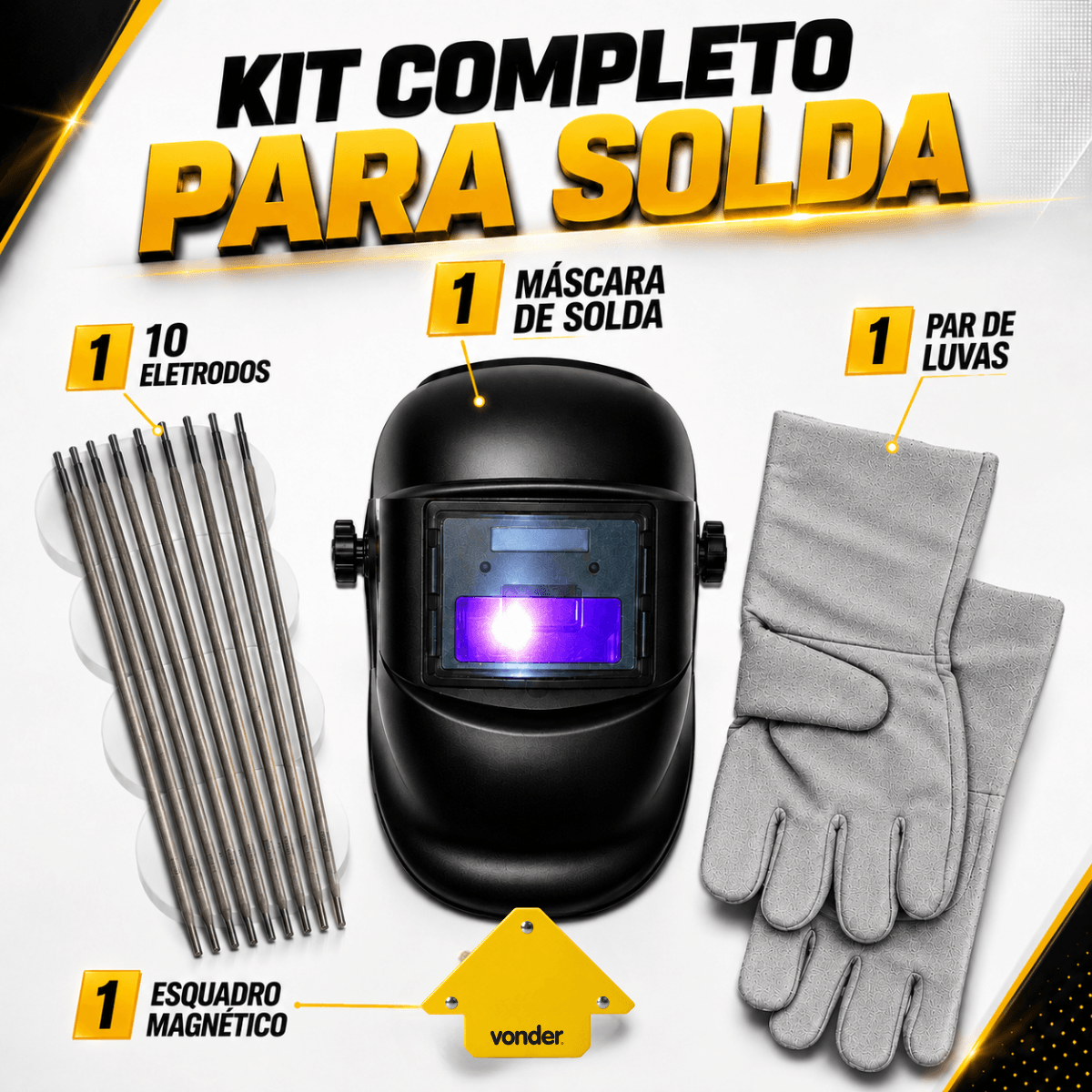 Kit Solda Máscara Automática Autoescurecimento + Luva Raspa + 1 Esquadro Magnético + 10 Eletrodos