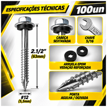 Carregar imagem no visualizador da galeria, Parafuso para Telha Ponta Agulha 5,5x63mm Rosca Hi-Lo com Arruela EPDM 100 Unidades
