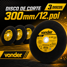 Carregar imagem no visualizador da galeria, Disco de Corte Vonder DCV 300mm 12" 2,8mm Furo 25,4mm Policorte Kit 3 Unidades Aço Metal Inox Profissional
