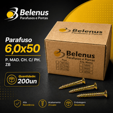 Carregar imagem no visualizador da galeria, Kit 200 Parafusos 6,0x50 Philips Belenus Madeira Bucha
