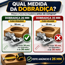 Carregar imagem no visualizador da galeria, Kit 5 Dobradiças Curva 26mm Para Móveis Armário Guarda-Roupa MDF + 20 Parafusos Fixação Montagem Portas de Madeira
