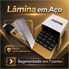 Carregar imagem no visualizador da galeria, Kit 200 Lâminas para Estilete 18mm Bestfer Aço Segmentada 7 Partes Corte Papelão EVA Papel Vinil Plástico Profissional
