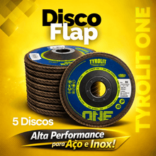 Carregar imagem no visualizador da galeria, Kit 5 Discos Flap 4.1/2 Grão 80 Tyrolit One 115mm Óxido de Alumínio para Desbaste e Acabamento em Metal e Aço Inox Profi
